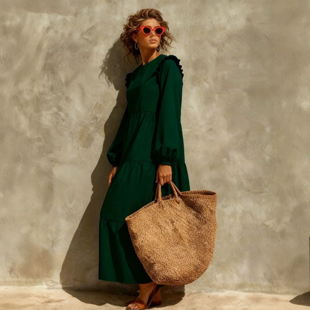 Women's Solid Emerald Green Ruffle Shoulder Tiered Long‑Sleeve Maxi Dress