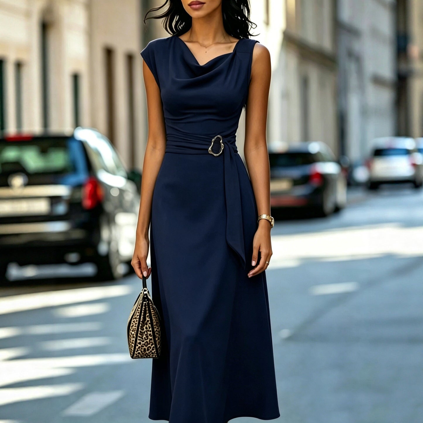 Cowl Neck Sleeveless Belted Midi Dress