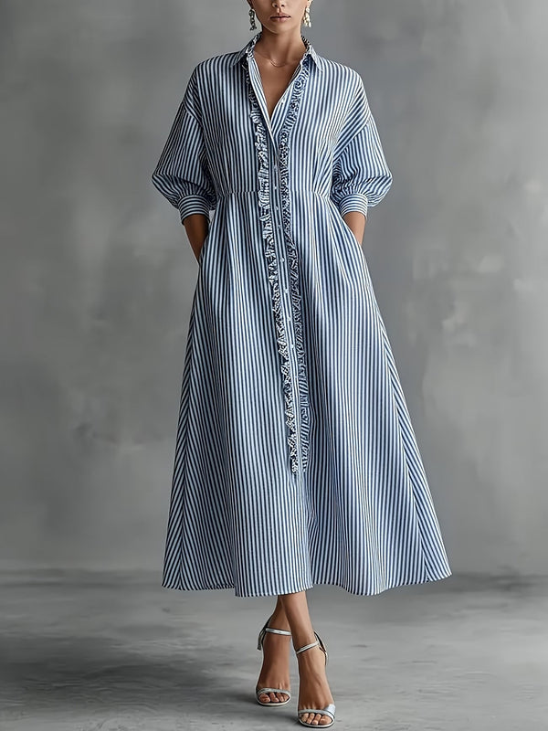 Blue‑White Stripe Ruffle Trim Shirt Midi Dress