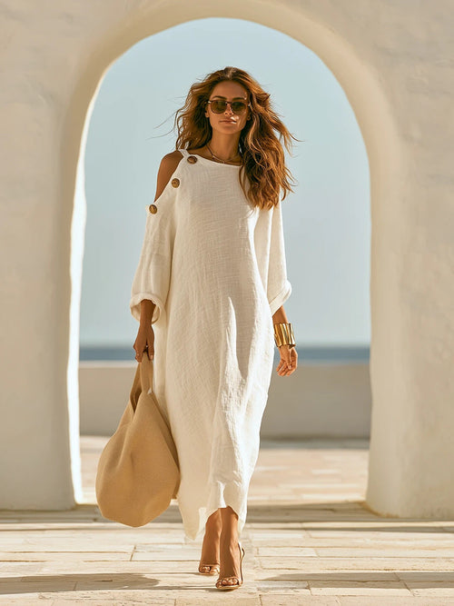 Linen‑Blend Cold‑Shoulder Button Detail Loose Maxi Dress