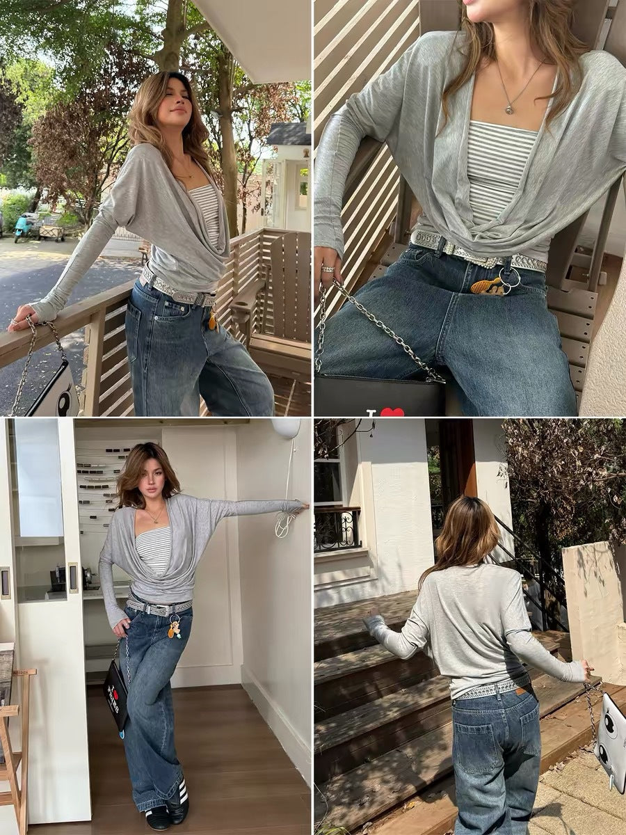 Draped Cowl Neck Knit Top with Striped Bandeau