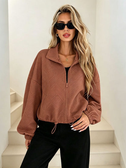Women’s Solid Beige Geometric Textured Zip‑Up Drawstring Cropped Jacket