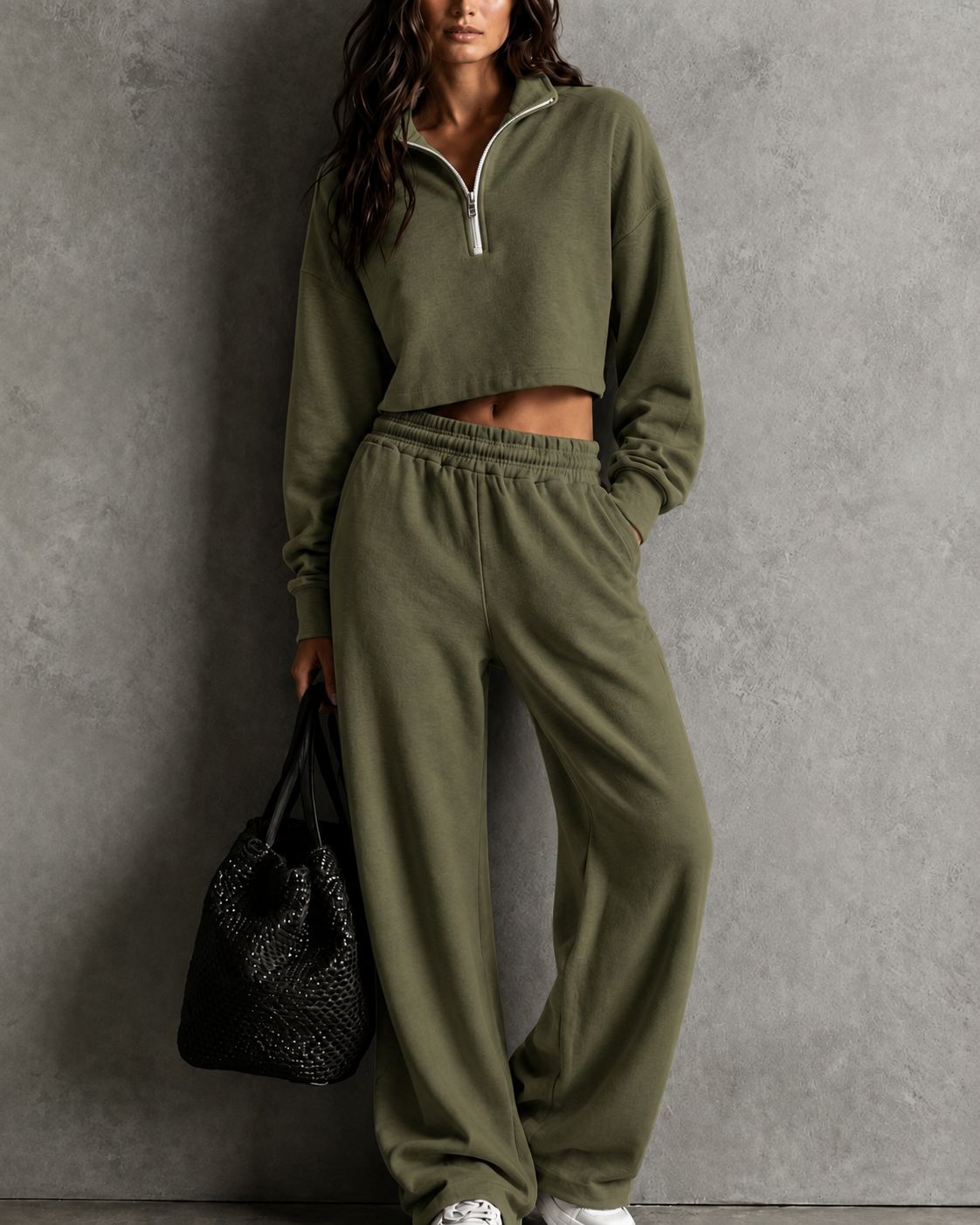 Half‑Zip Cropped Sweatshirt & Wide‑Leg Sweatpants Two‑Piece Set