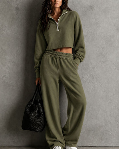 Half‑Zip Cropped Sweatshirt & Wide‑Leg Sweatpants Two‑Piece Set
