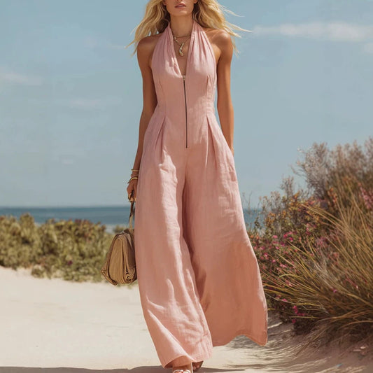 Halter Zip Front Wide Leg Linen Vacation Jumpsuit