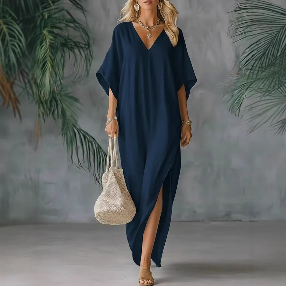 Linen Blend V-Neck Kaftan Maxi Dress
