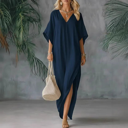 Linen Blend V-Neck Kaftan Maxi Dress