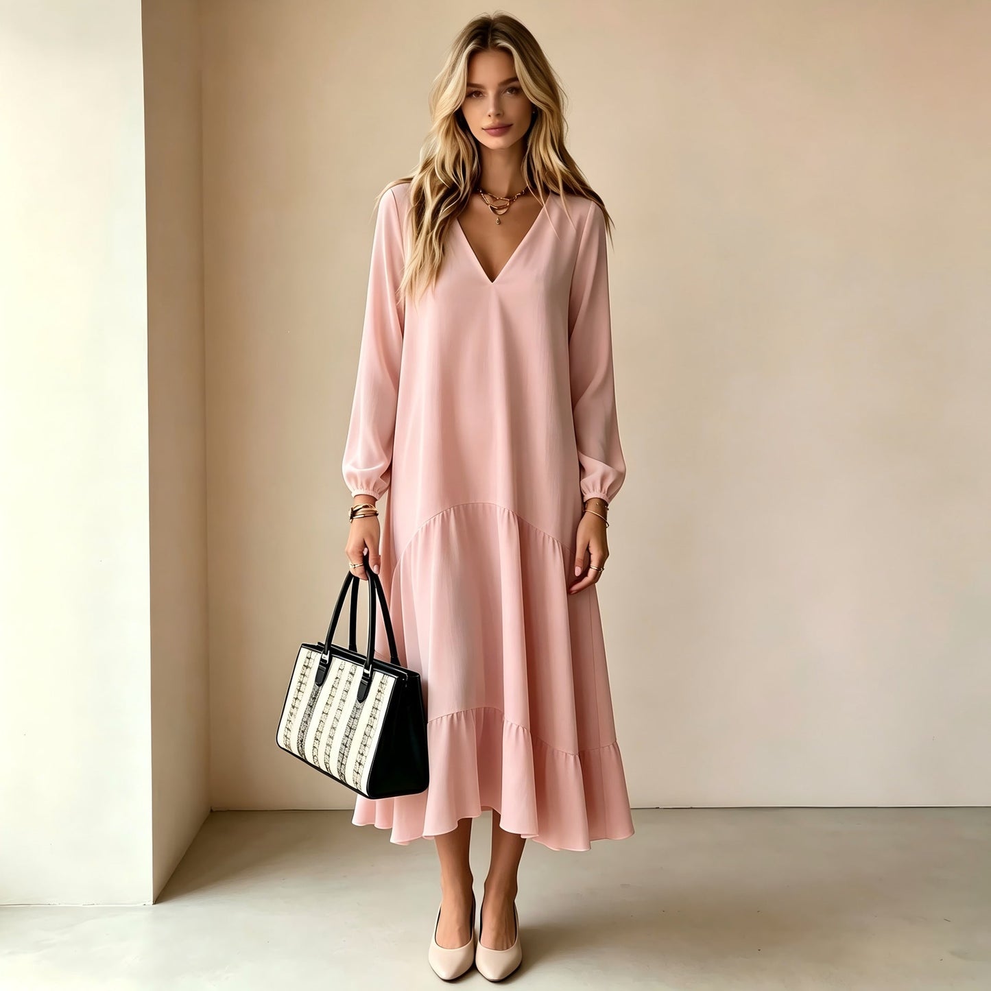 V‑Neck Long‑Sleeve Tiered Ruffle‑Hem Midi Dress