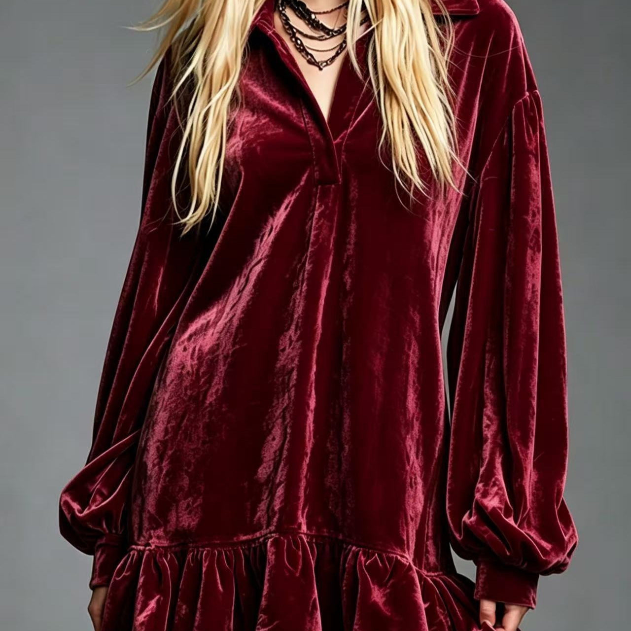 Velvet Ruffle Hem Mini Dress Women Lapel Long Sleeve Loose Casual Tunic Dress