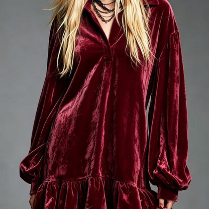 Velvet Ruffle Hem Mini Dress Women Lapel Long Sleeve Loose Casual Tunic Dress