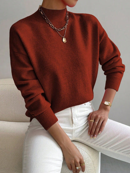 Women's Solid Mock Neck Long Sleeve Knit Sweater