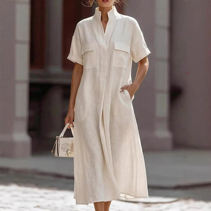 Linen Stand Collar Midi Shirt Dress