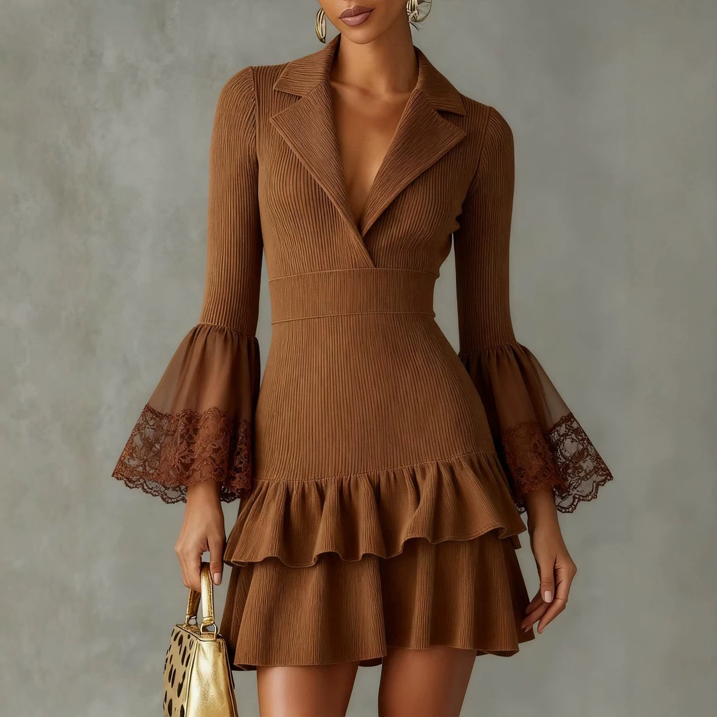 Blazer Collar Ribbed Knit Mini Dress With Lace Flare Sleeves