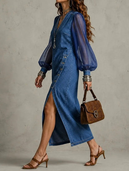 Denim Chiffon Sleeve Midi Dress With Side Button Slit