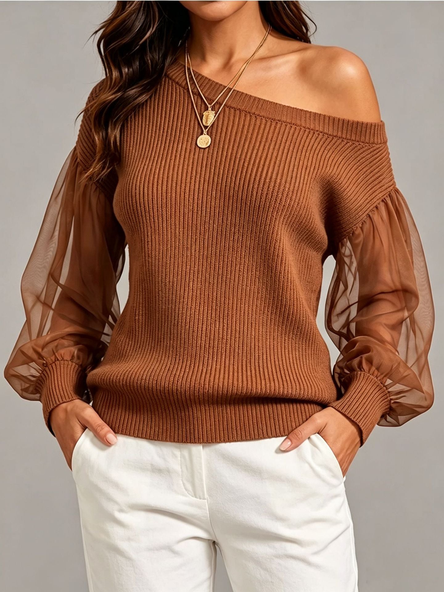Asymmetric Off‑Shoulder Mesh Puff Sleeve Ribbed Knit Sweater