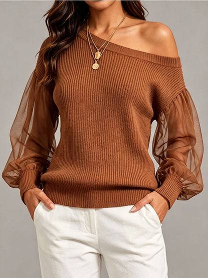 Asymmetric Off‑Shoulder Mesh Puff Sleeve Ribbed Knit Sweater