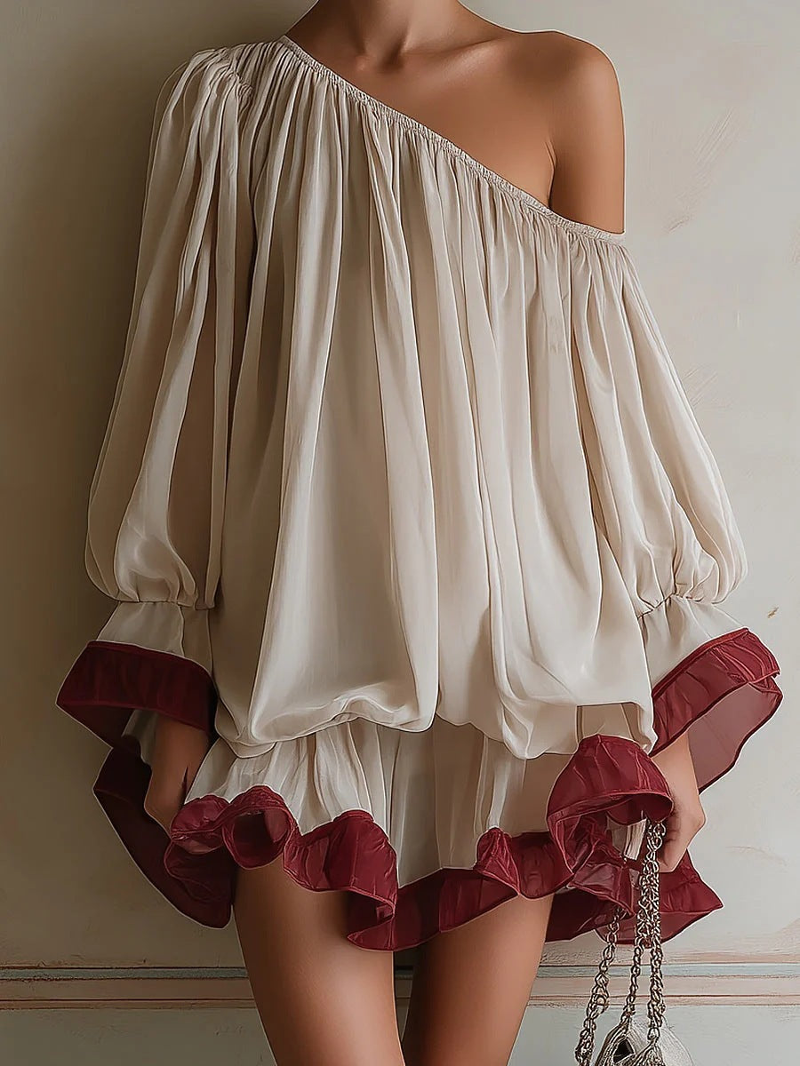One-Shoulder Balloon Sleeve Mini Dress with Contrast Ruffle Hem