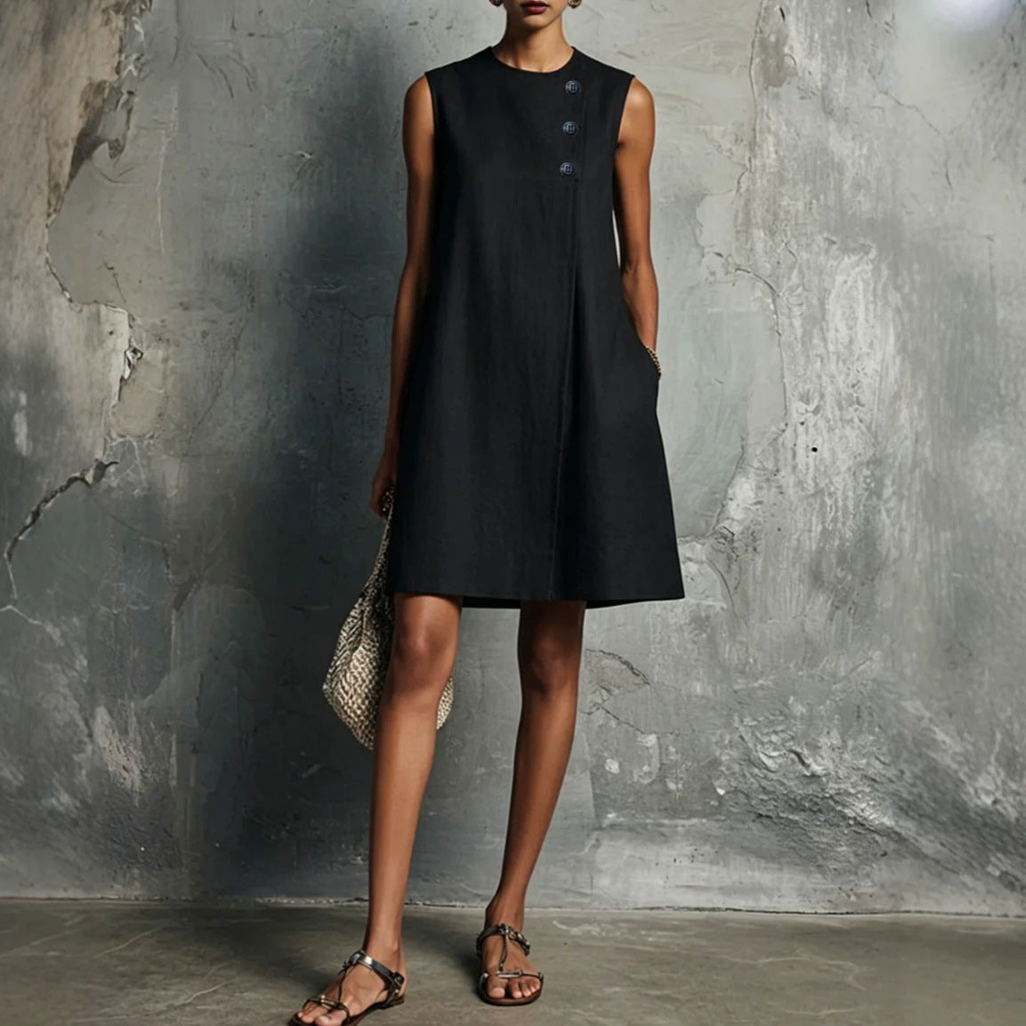 The Sculptural Button Shift Mini Dress