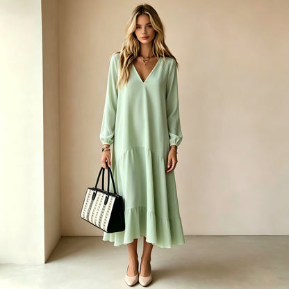 V‑Neck Long‑Sleeve Tiered Ruffle‑Hem Midi Dress