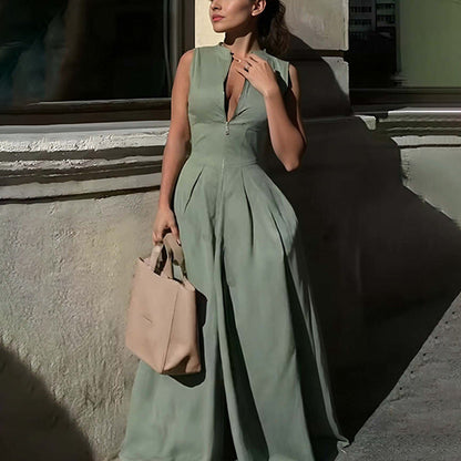 Sleeveless Front Zip Pleated Wide‑Leg Jumpsuit