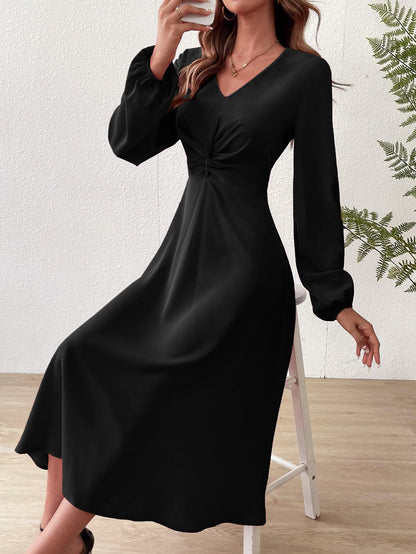 V‑Neck Twist‑Knot Waist Long‑Sleeve Midi Dress