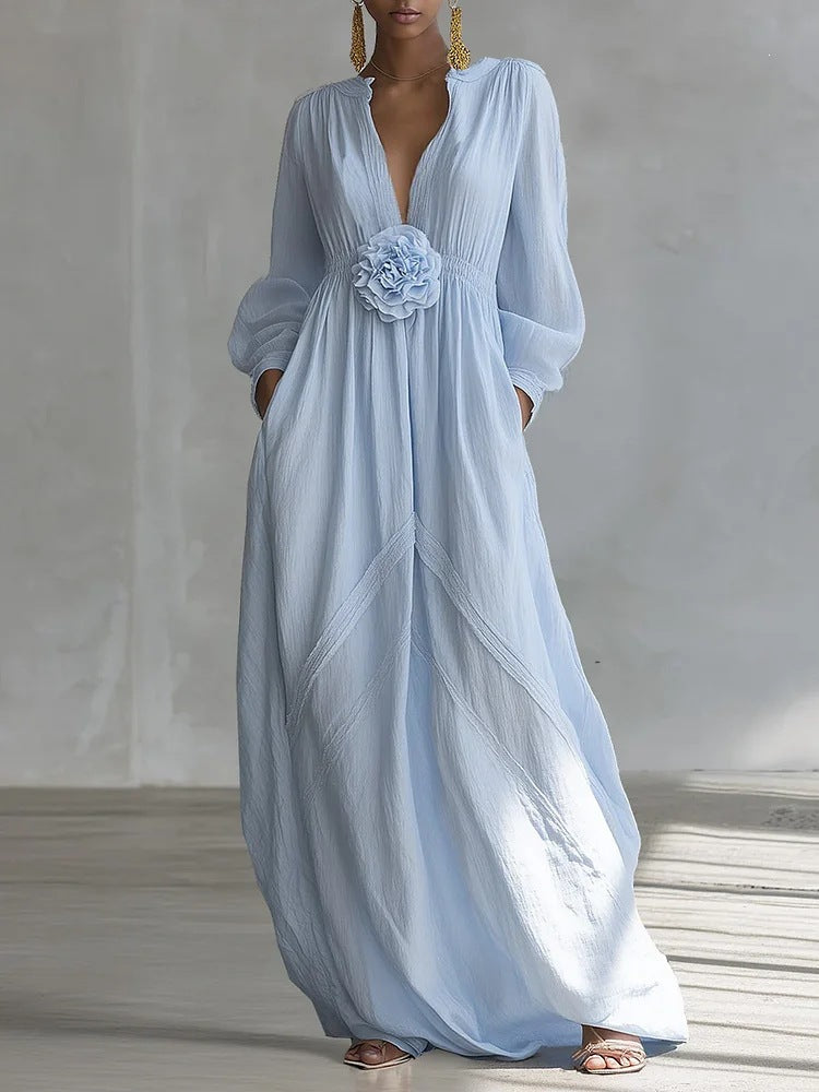 Long Puff Sleeve Textured Fabric Flowy Wedding Guest Dress with Side Pockets