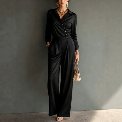 Asymmetric Wrap Shirt Wide Leg Pleated Jumpsuit