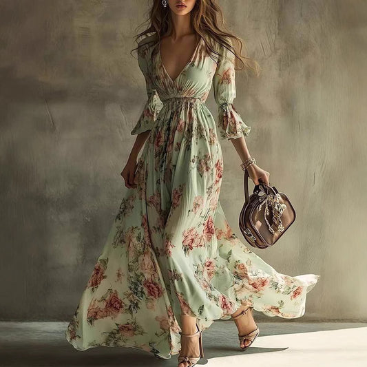 Floral Print V-Neck 3/4 Ruffle Sleeve Flowy Maxi Dress