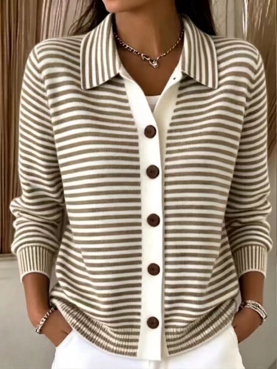 Women's Green‑White Stripe Collared Button Front Knit Cardigan