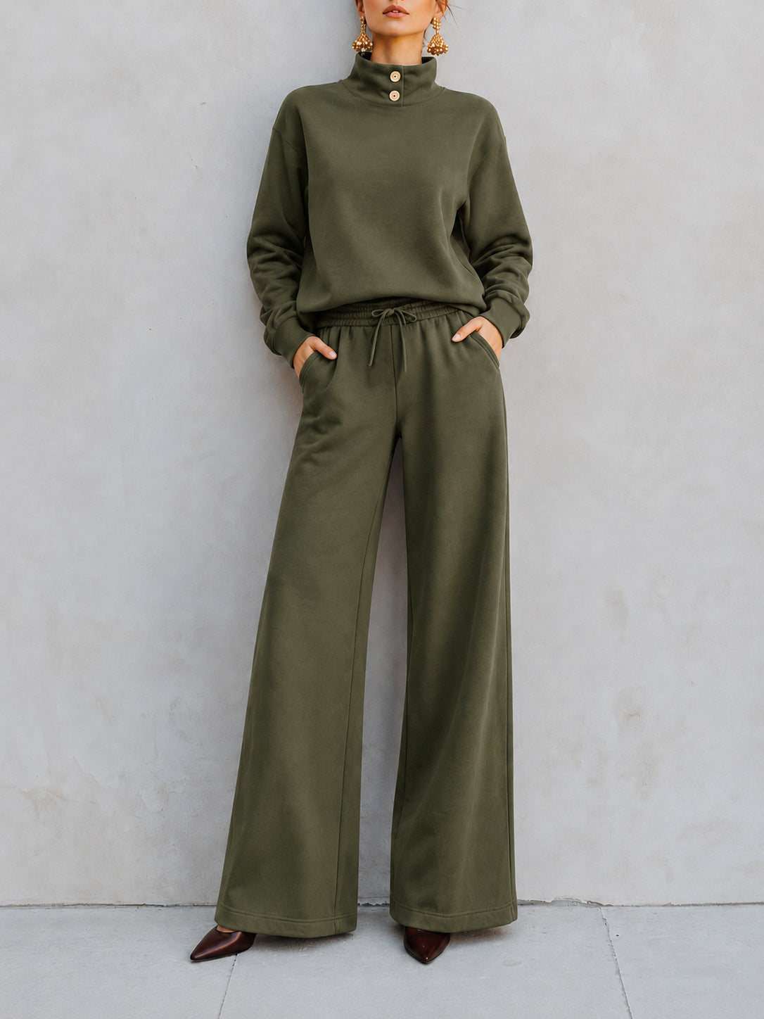 Mock‑Neck Button‑Detail Sweatshirt & Wide‑Leg Drawstring Pants Two‑Piece Set