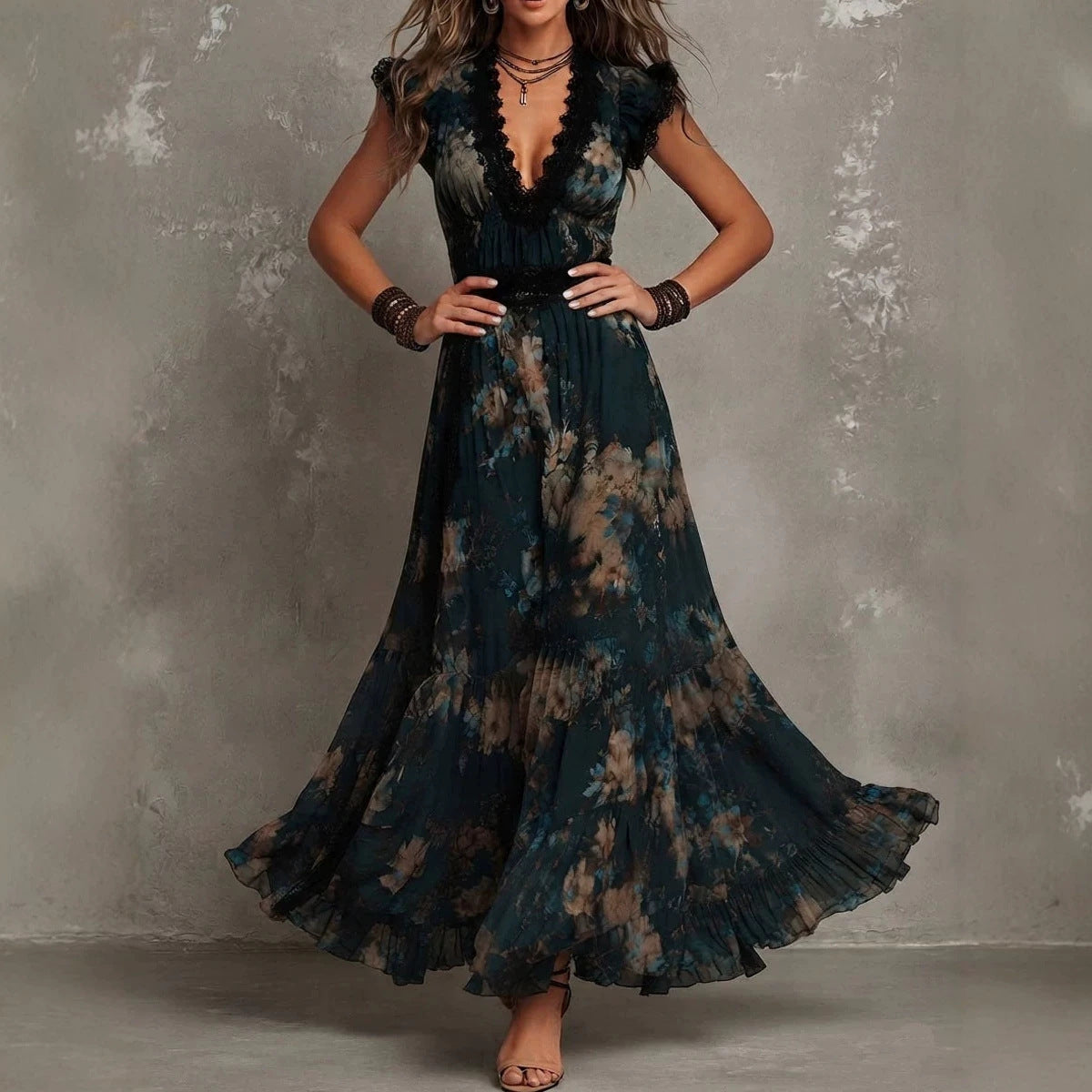 Vintage Boho Floral Maxi Dress V‑Neck Lace Flutter Sleeve Waist Ruffle Hem Long Dress