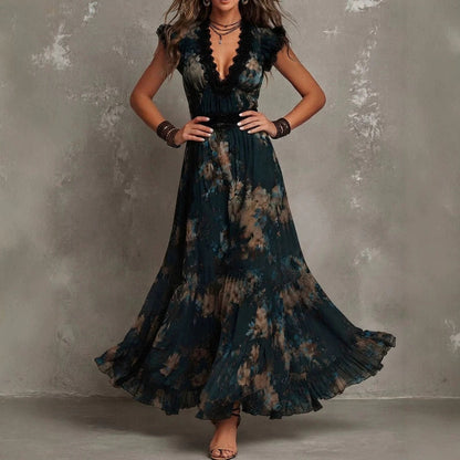 Vintage Boho Floral Maxi Dress V‑Neck Lace Flutter Sleeve Waist Ruffle Hem Long Dress