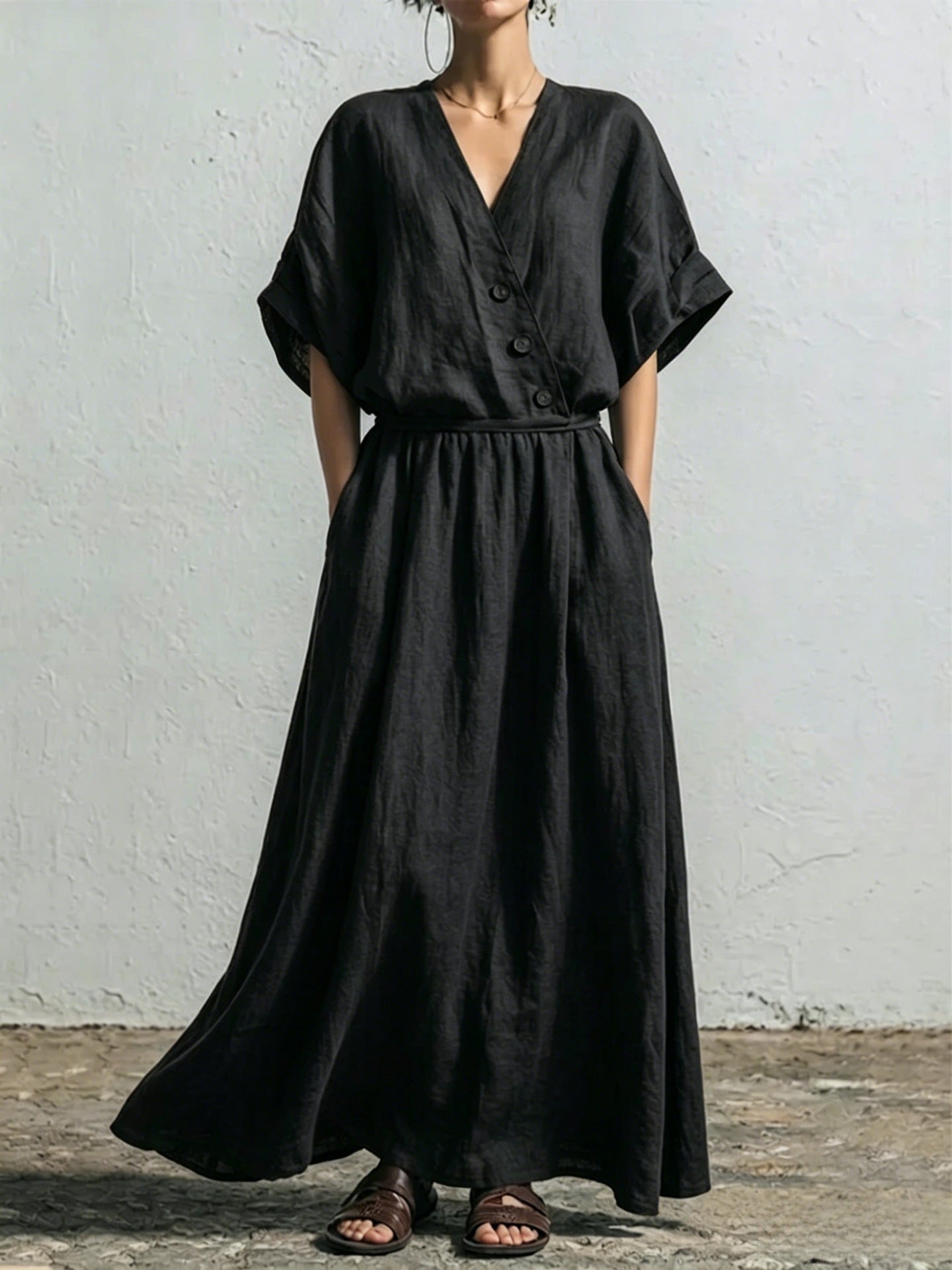 Belted Wrap Linen Blend Pocket Maxi Dress