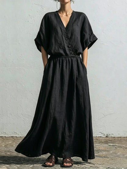 Belted Wrap Linen Blend Pocket Maxi Dress