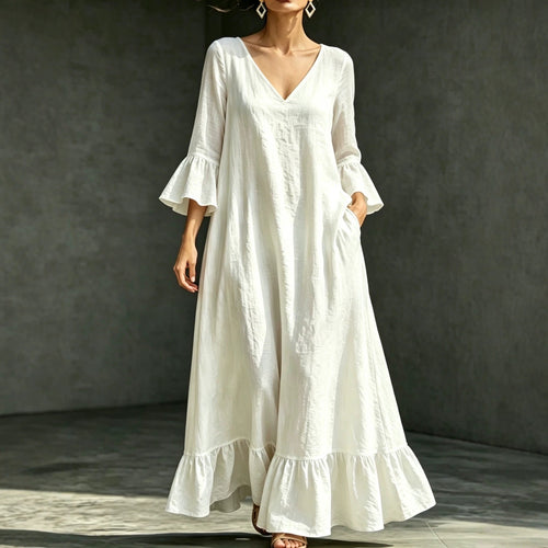 V‑Neck Ruffle Flare Sleeve Linen‑Blend Maxi Dress