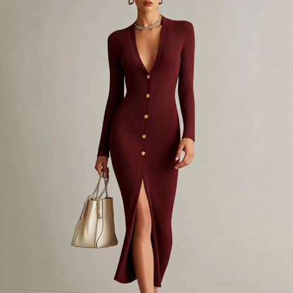 V‑Neck Button Front Ribbed Knit Slit Midi Dress