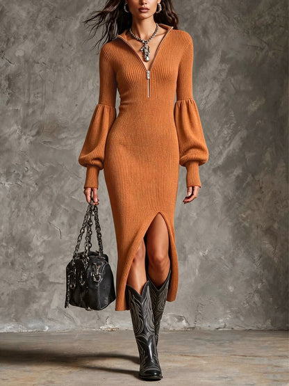 Half‑Zip Balloon Sleeve Slit Ribbed Knit Midi Dress
