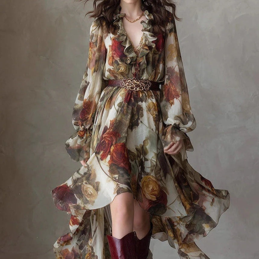 Vintage Rose Print Chiffon Maxi Dress Women Ruffle V‑Neck Long Sleeve Irregular Hem Dress