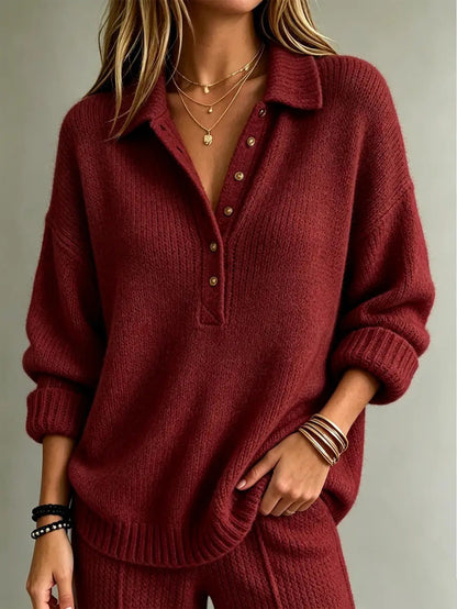 Loose Collared Henley Knit Sweater Women Solid Long Sleeve Casual Pullover Top