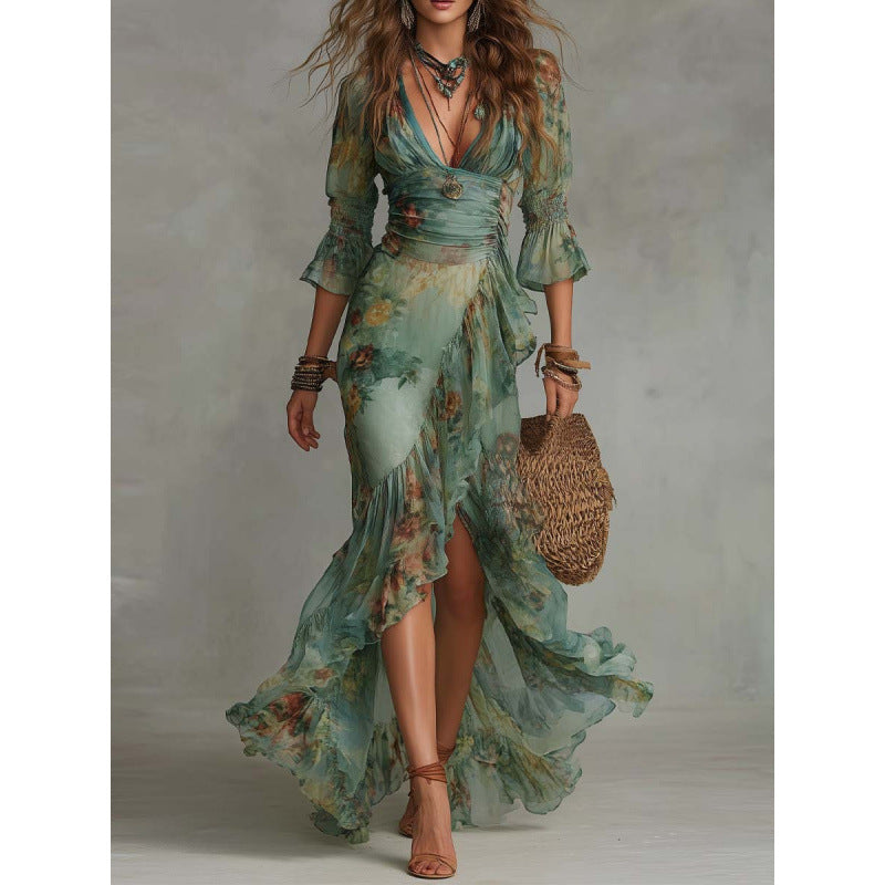 Deep‑V Smocked Waist Floral Chiffon Wrap Maxi Dress With Ruffled High‑Low Hem