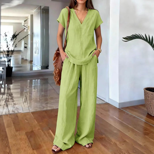 Linen V Neck Cap Sleeve Top & Elastic Waist Wide Leg Pants 2 Piece Co-Ord Set