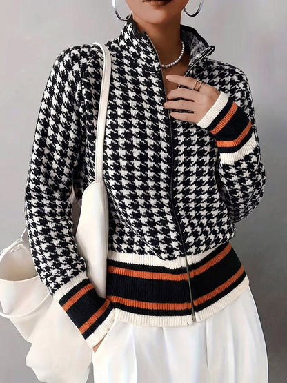 Women's Houndstooth Striped Zip Up Stand Collar Knit Cardigan