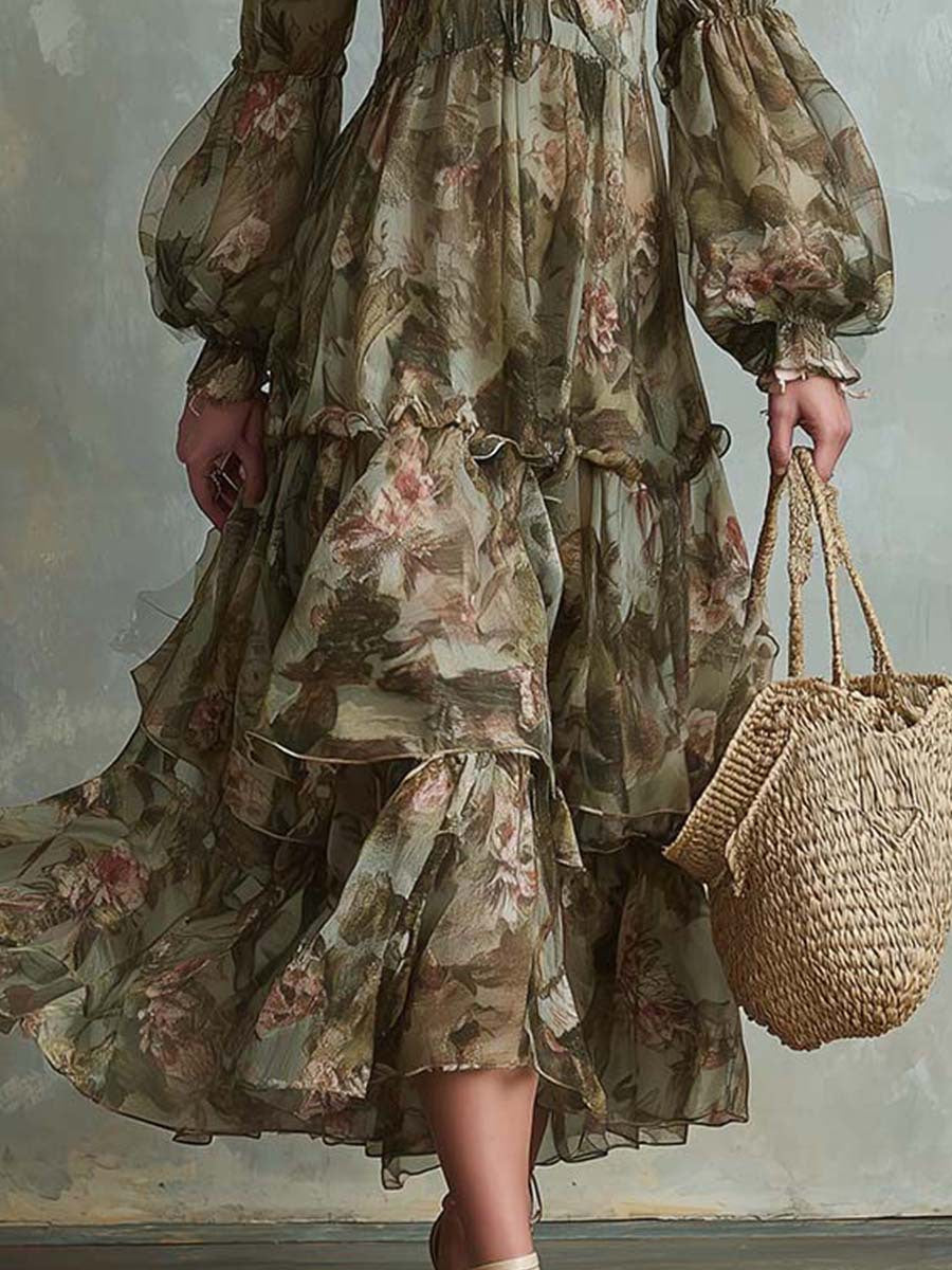 V‑Neck Lantern Sleeve Floral Tiered Maxi Dress