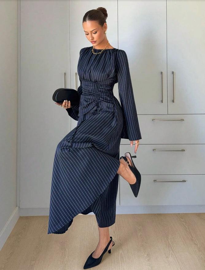 Pinstripe Ruched Waist Bell Sleeve Midi Dress