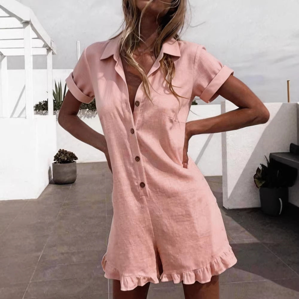 Linen Blend Lapel Shirt Ruffle Hem Short Romper Jumpsuit