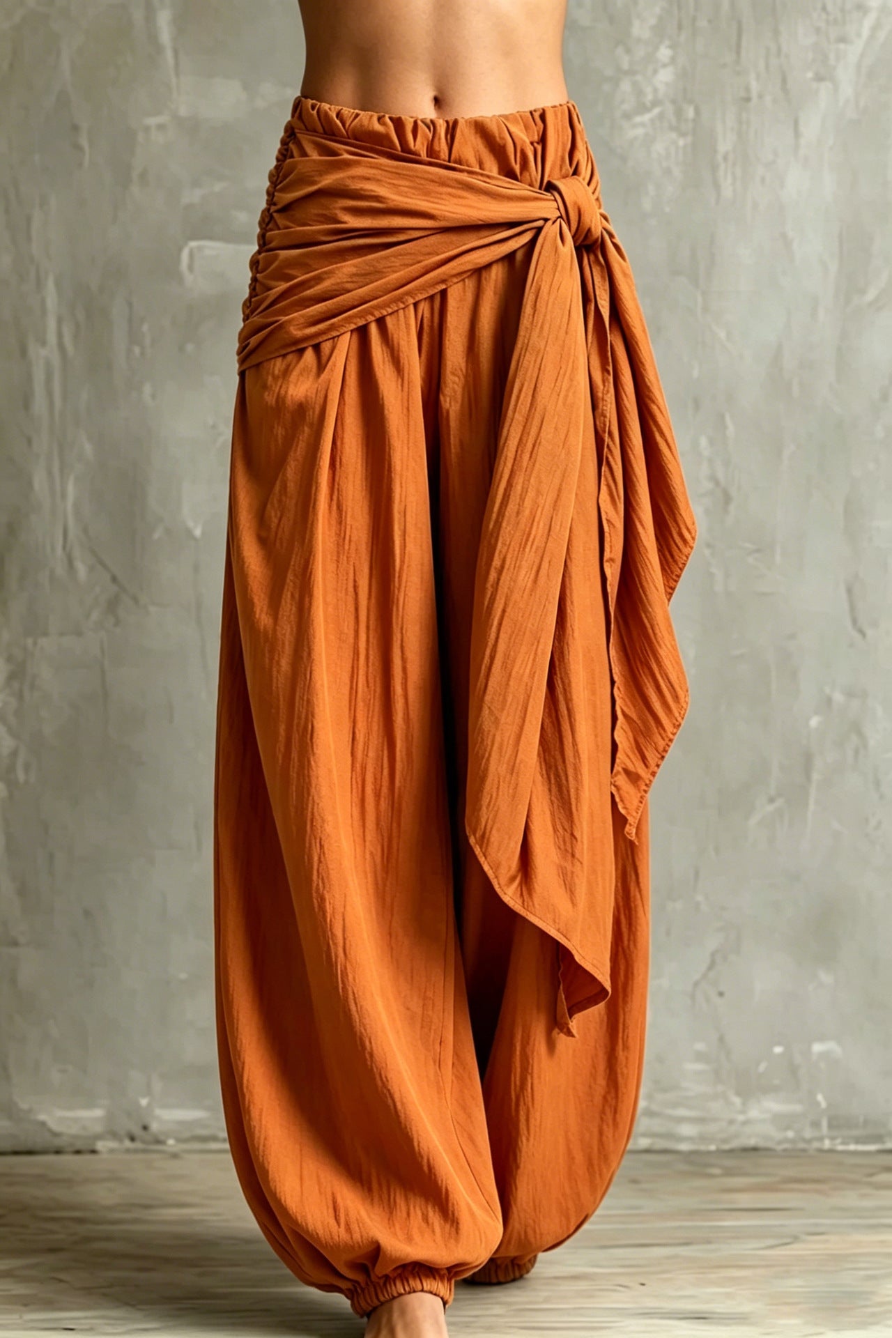 Vintage Wrap Tie Harem Pants, Loose Crinkle Cotton Linen Jogger Trousers