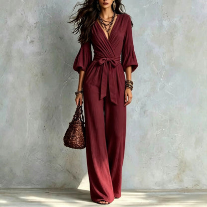 V‑Neck Wrap Belted Textured Wide‑Leg Jumpsuit With Balloon Sleeves