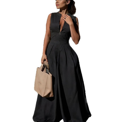 Sleeveless Front Zip Pleated Wide‑Leg Jumpsuit