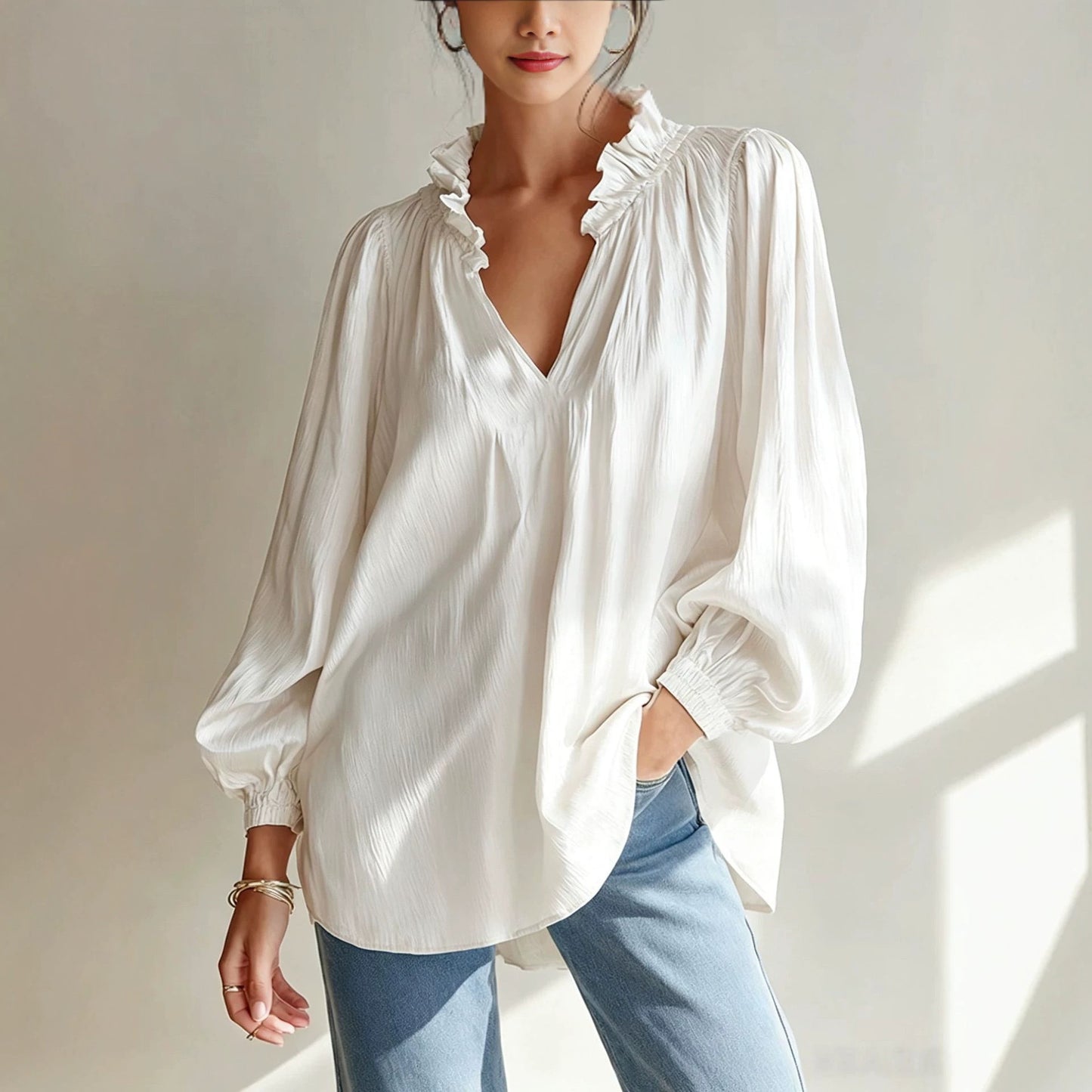 Ruffle V-Neck Crinkled Texture Balloon Sleeve Blouse