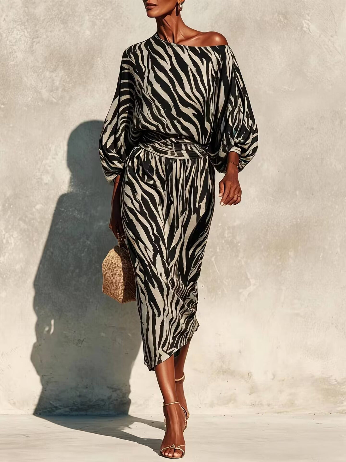 One Shoulder Balloon Sleeve Abstract Print Wrap Midi Dress